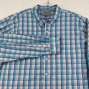 Duluth Trading Co Wrinklefighter Plaid Shirt Mens 3XLT Blue Orange Relaxed Fit